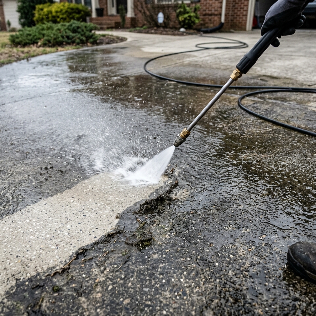 Worker cleaning dark grime off concrete using high pressure water stream